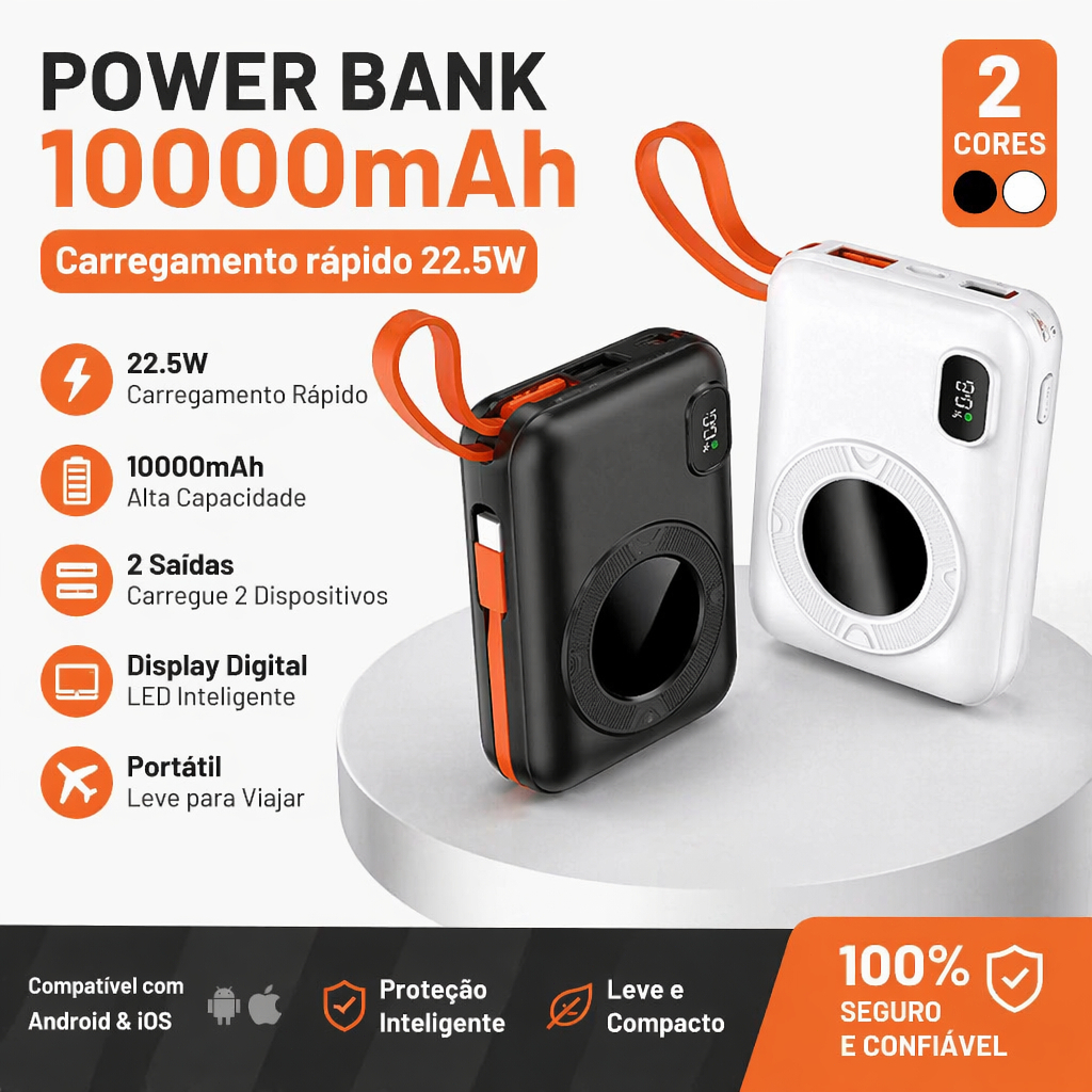 Power Bank 10000mAh PD22.5W Carga Rápida Bidirecional Mini Display Digital USB C