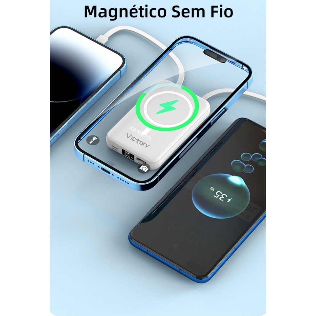 Carregador Portátil Power Bank Magnético 10000mAh Sem Fio PD22.5W Tipo-C iPhone USB VT-126