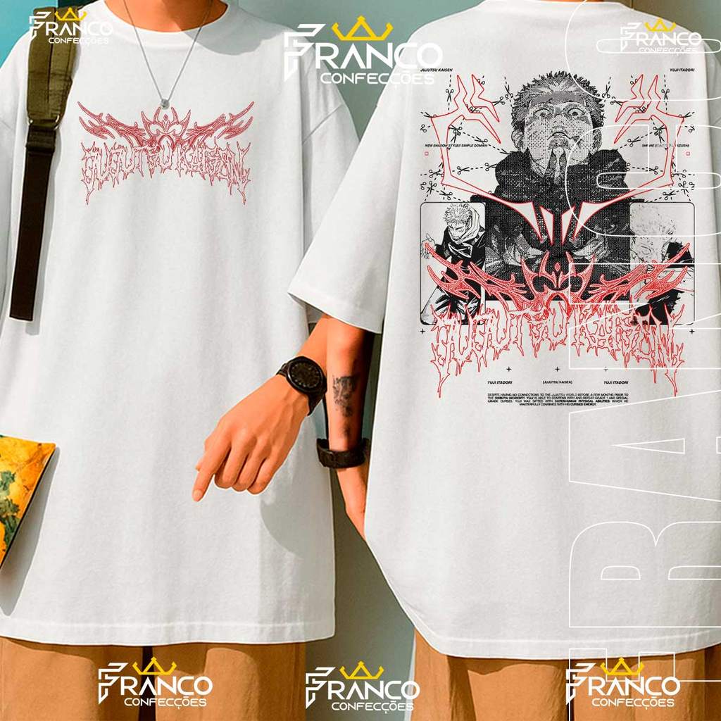 Camiseta Oversized Anime Yuji Mangá Black Flash Jujutsu Itadori Camisa Unissex 100% Algodão Premium