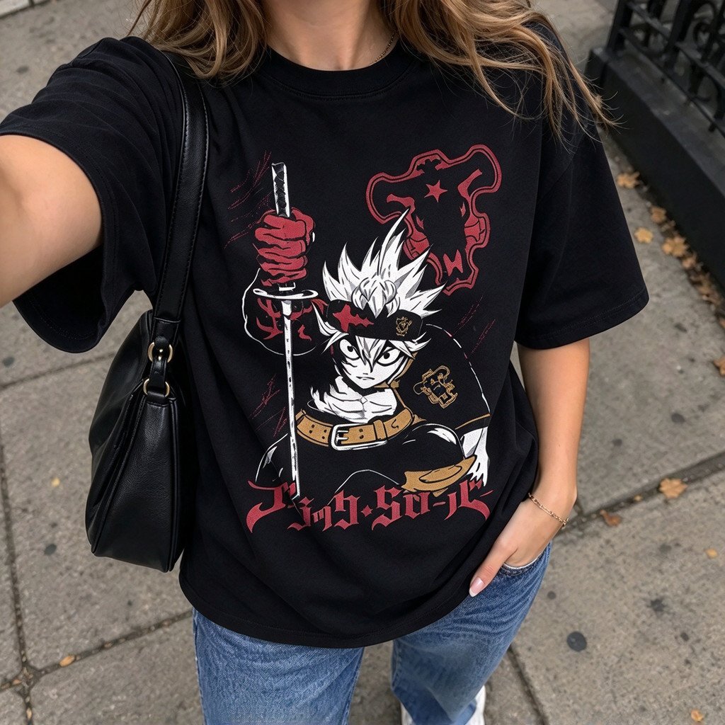 Camiseta Unissex Premium de Algodão Estampa Anime Black Clover Asta Cor Preta Estilo Streetwear Casual Para Uso Diário