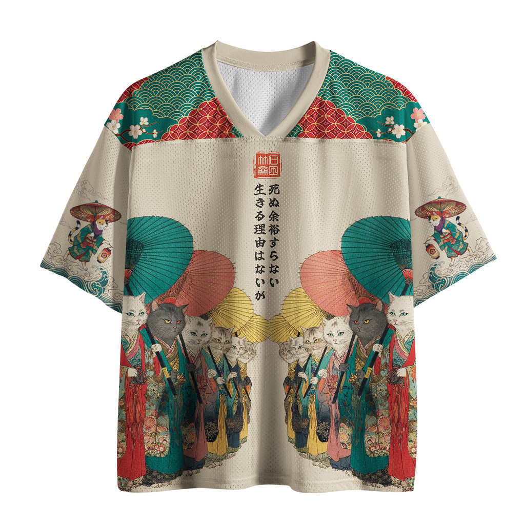 Vintage Ukiyo-e Cat Group Segurando Guarda-Chuva Ilustração Impresso Top Com Malha Respirável Solta Camisa Japonesa De M
