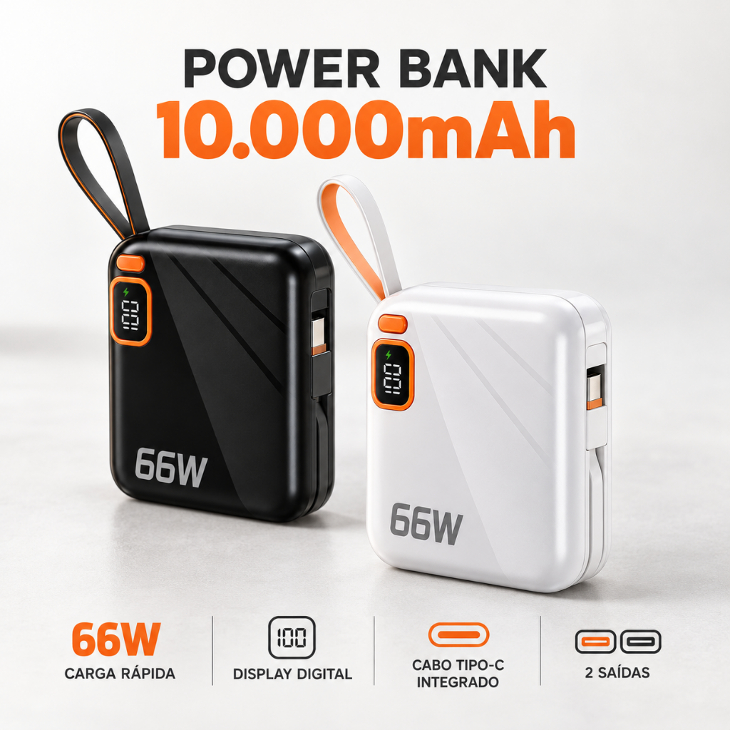 Carregador Power Bank 10000mAh 66W Carregamento Rápido Display Digital 2 Saídas com Cabo Tipo C Embutido
