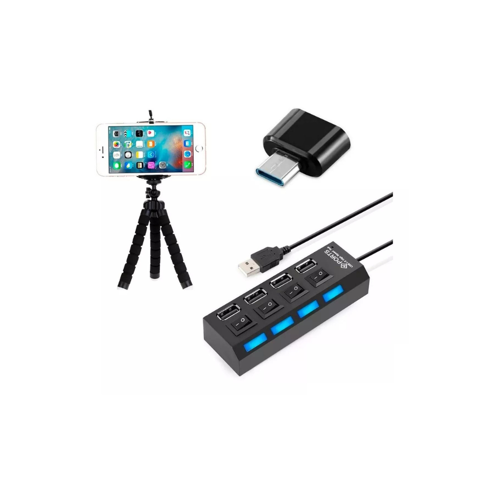 Kit Mobile Hub 4 Portas + Otg Tipo C + Suporte Celular Tripé