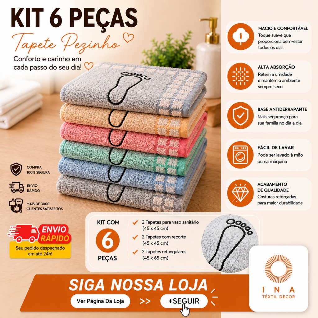 Kit Tapetes Banheiro Mali 6 Peças Algodão Extra Macio