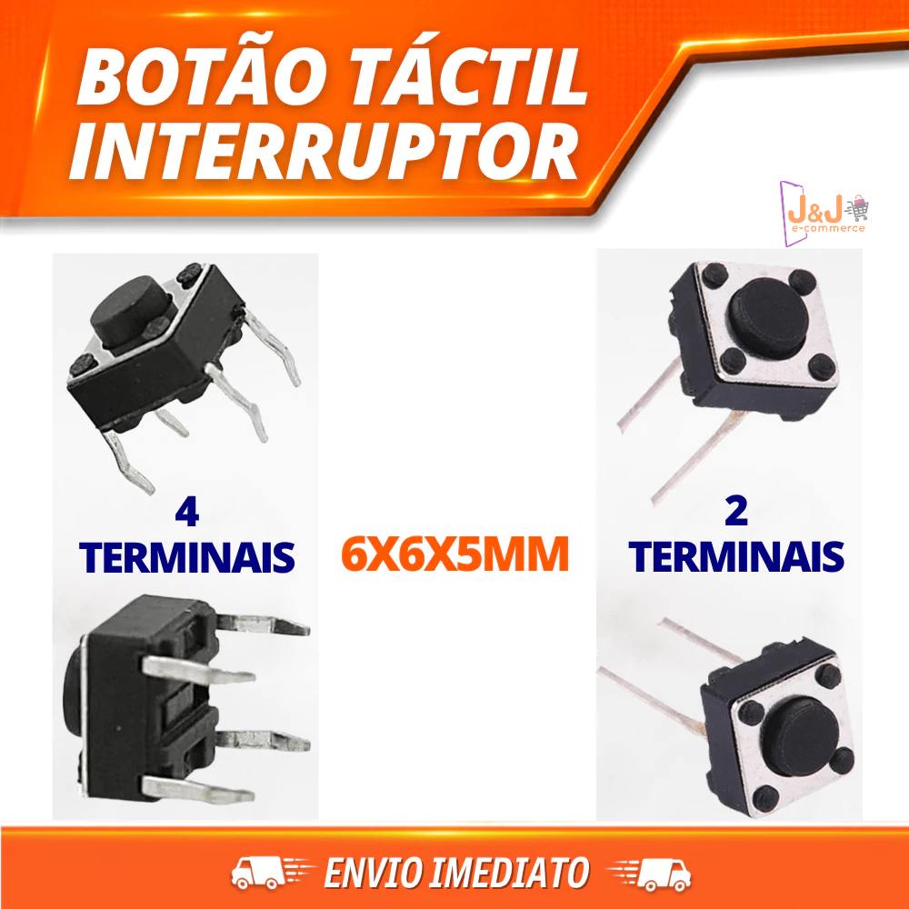 Botão Táctil 6x6x5mm 2 e 4 Pinos Kit 3,4 e 5 Unidades Micro Switch para Placa Eletrônica Novo