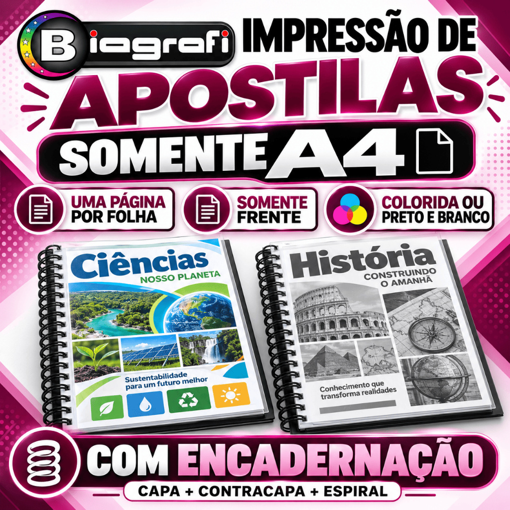 Impressão de apostila A4 Color ou Preto e Branco 1 PÁGINA POR FOLHA  SOMENTE FRENTE COM ENCADERNAÇÃO