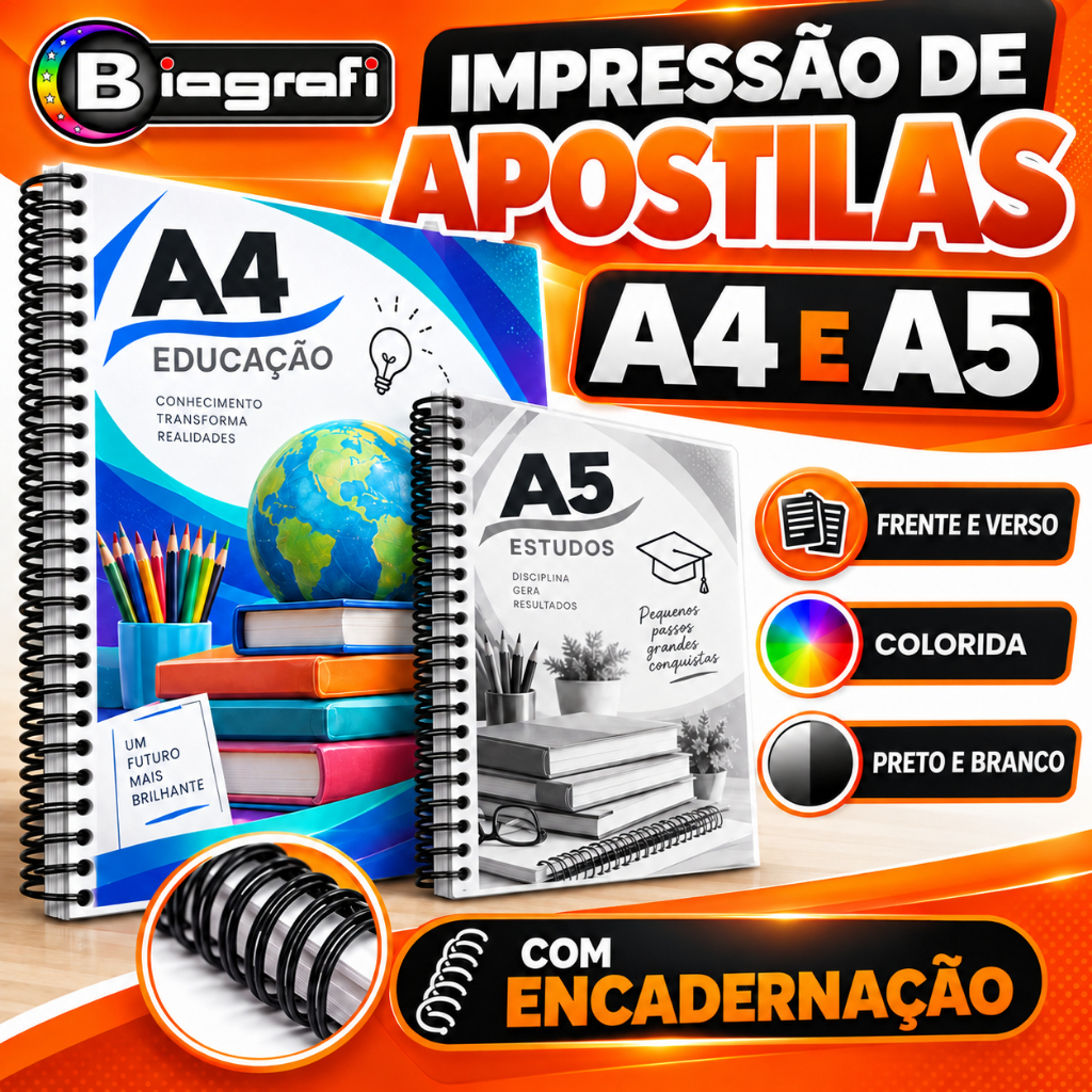 Impressão de Apostila até 450 páginas Frente e Verso A4 ou A5 Color ou Preto e branco e Encadernação
