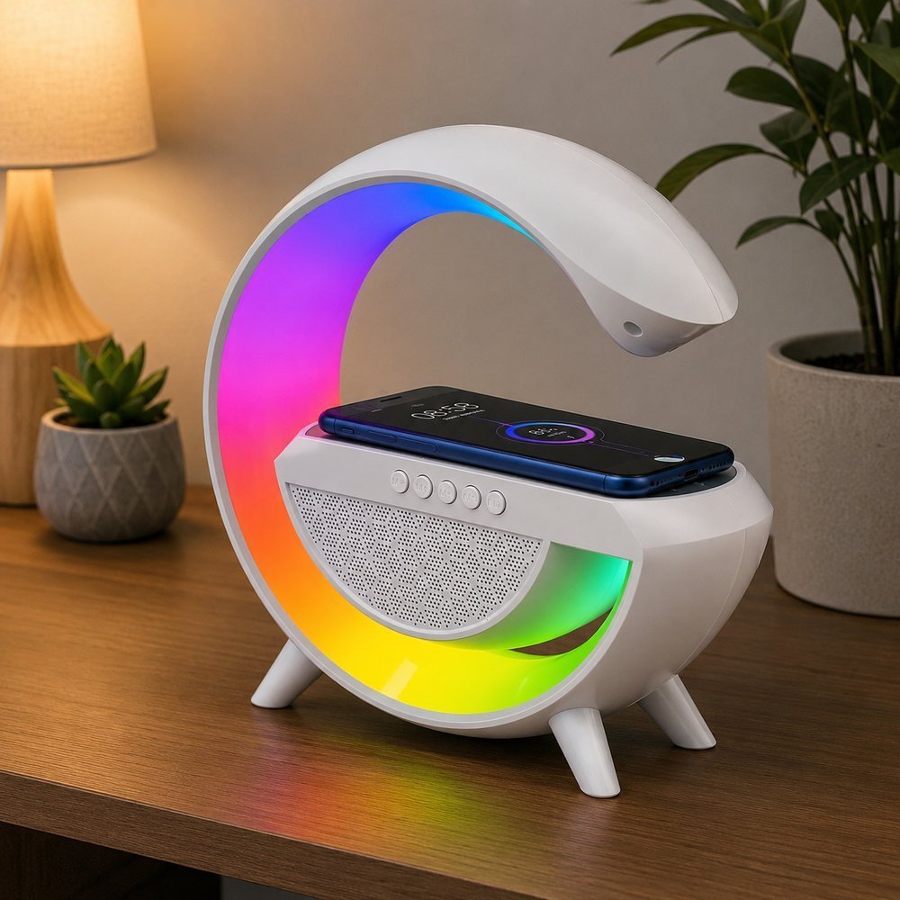 CAIXA DE SOM BLUETOOTH COM LED RGB + CARREGAMENTO SEM FIO – MÚSICA, LUZ E PRATICIDADE EM UM SÓ APARELHO!