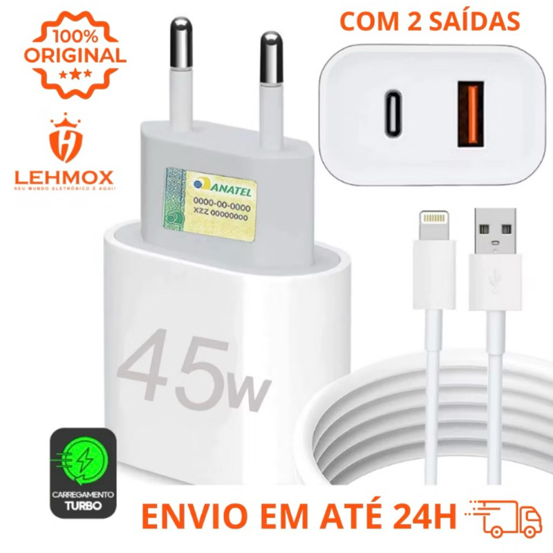 🔌 Carregador Rápido LEHMOX 45W com Cabo USB-C para iOS