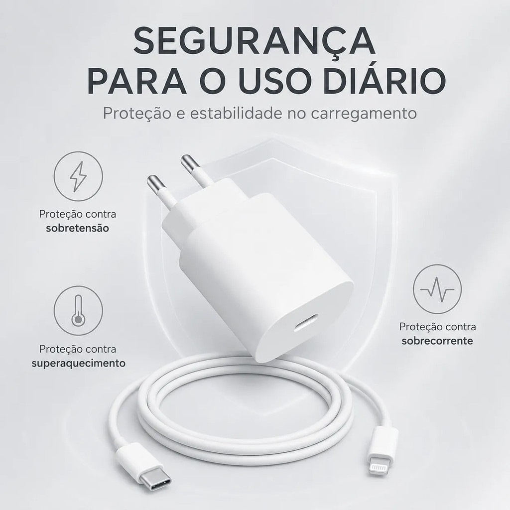 Kit Carregador Branco USB-C Cabo 1M Carregamento Rápido Compacto Seguro Uso Diário Compatível Smartphones IOS