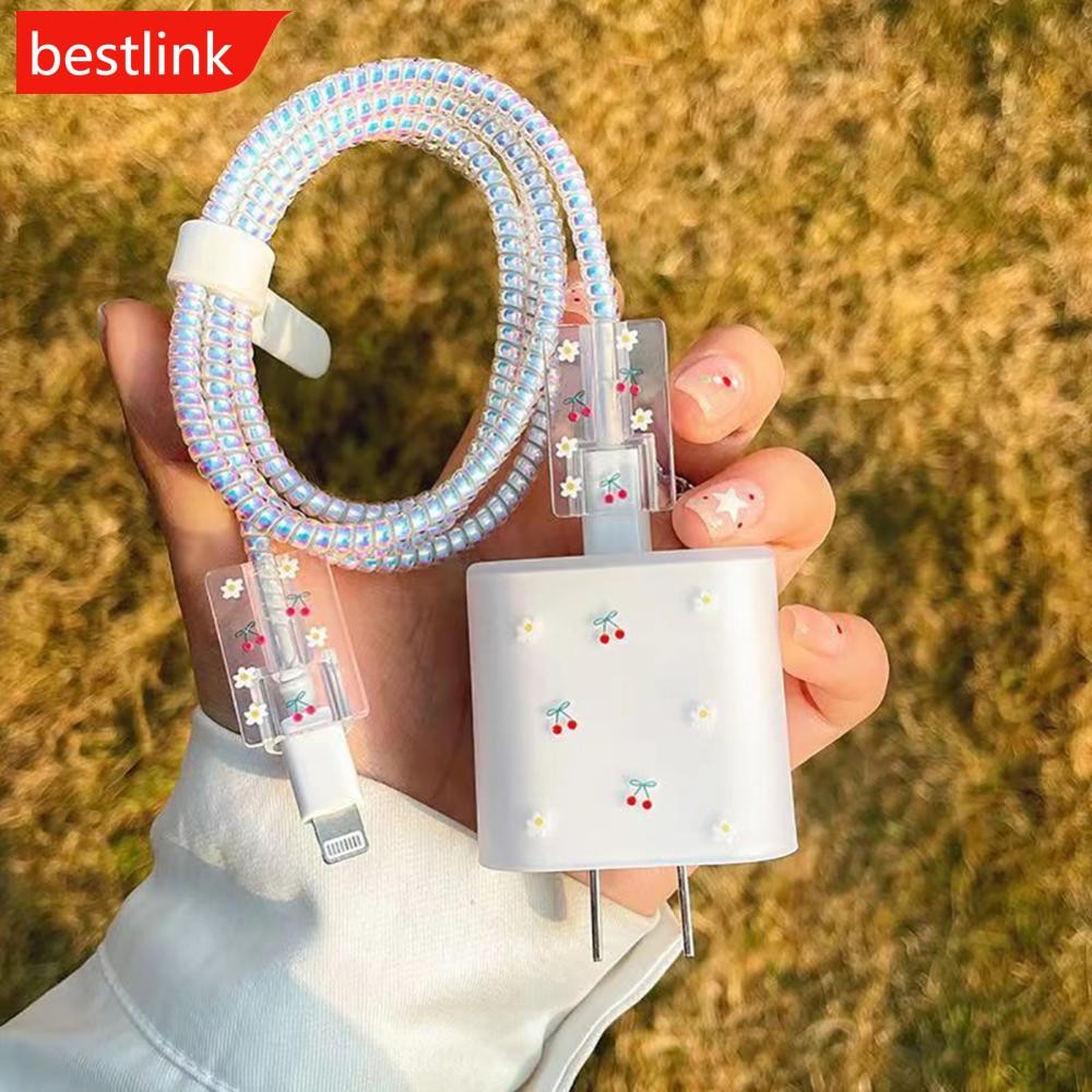 BESTLINK 1 Conjunto Para IOS 18/20W Carregador Rápido Cabo De Dados Capa Protetora Com Coração Rosto Borboleta Flor Padr