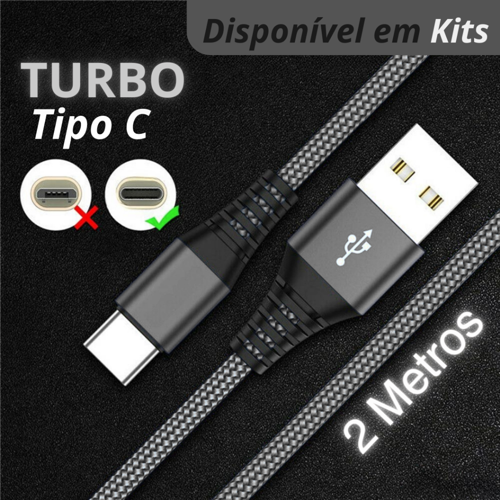 Cabo de Carregador Android e Ios USB-C 2 metros to USB-C Cable Cabo Rápido Turbo Comprido Resistente