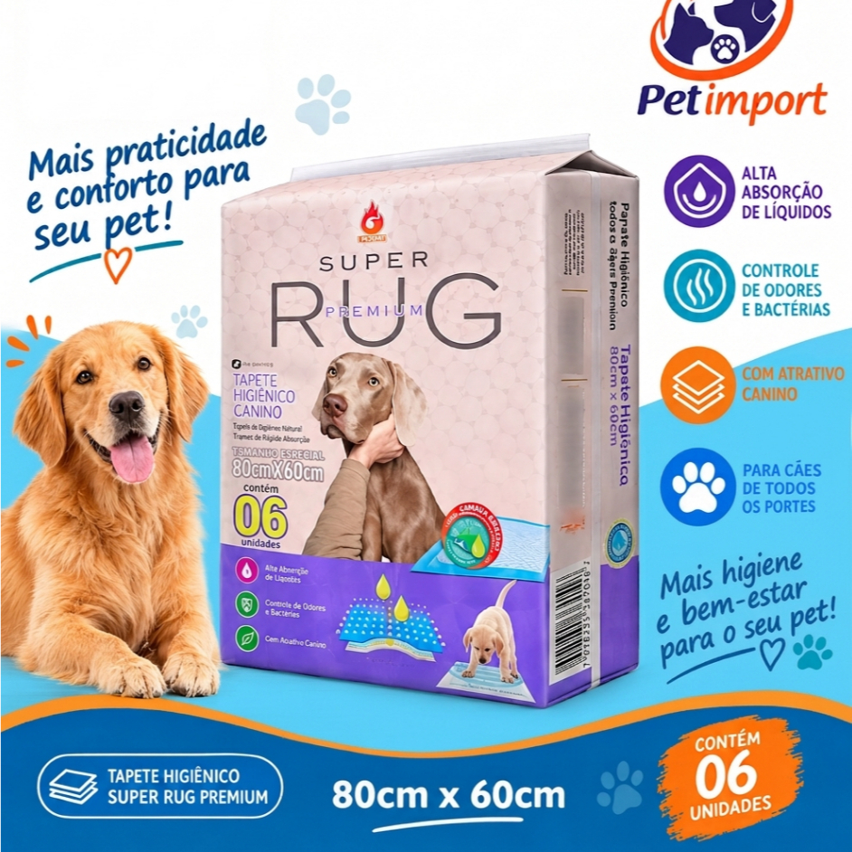 Tapete Higiênico Super Rug Premuim 80cmx60cm Com 06 Unidades