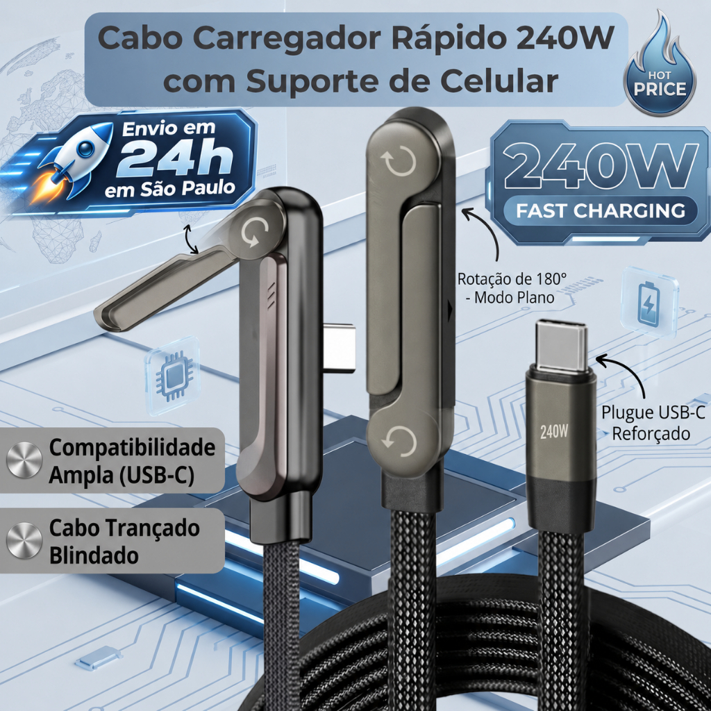USB-C to USB-C Cable 240W PD 3.1 1.5m Reinforced Braided Nylon with Foldable Stand 2 in 1