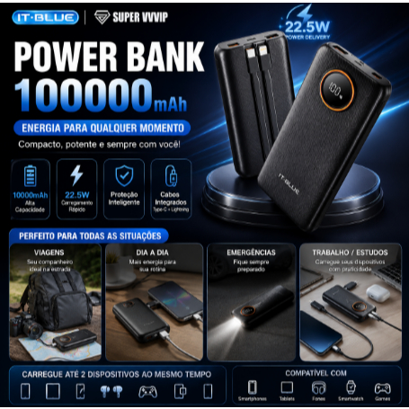 【Brasil Spot Sale】Super Power Bank 10000mAh: Energia para Vários Dias, Carga Ultra Rápida 22.5W