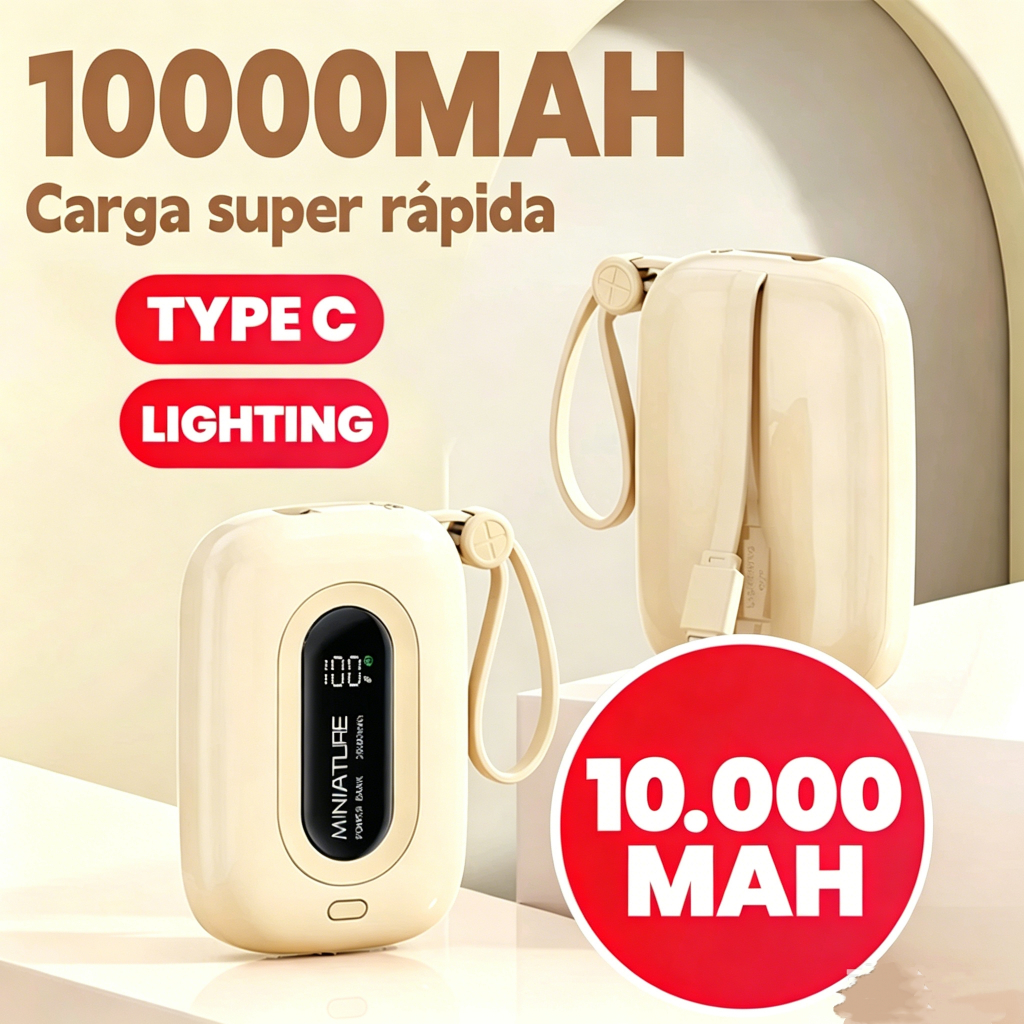 Carrega super rápido power bank de 10000 mAh com USB universal‌, compacto, portátil e com exibidor numérico