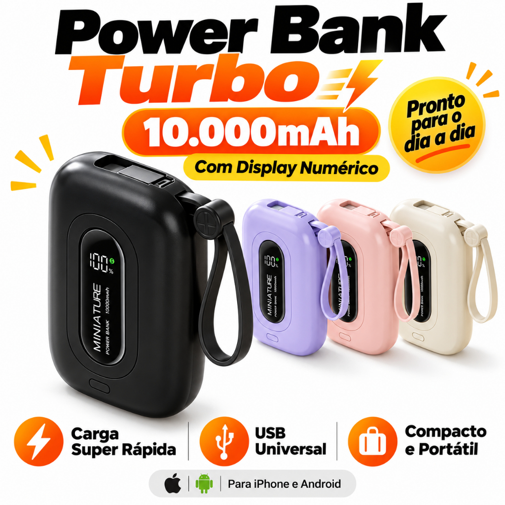 Carrega super rápido power bank de 10000 mAh com USB universal‌, compacto, portátil e com exibidor numérico