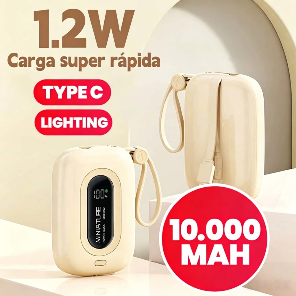 Carrega super rápido power bank de 10000 mAh com USB universal‌, compacto, portátil e com exibidor numérico REAL