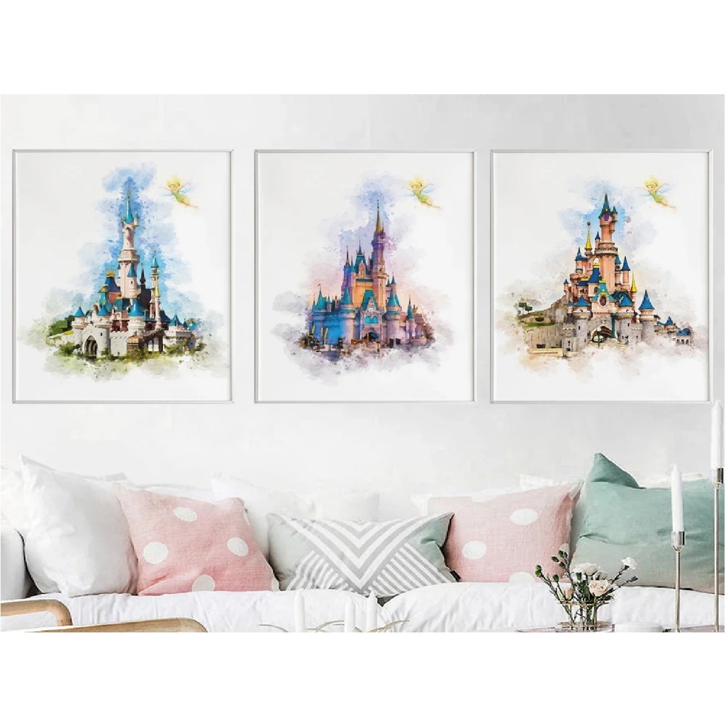 Quadros decorativos Castelos da Disney aquarela (3 peças)