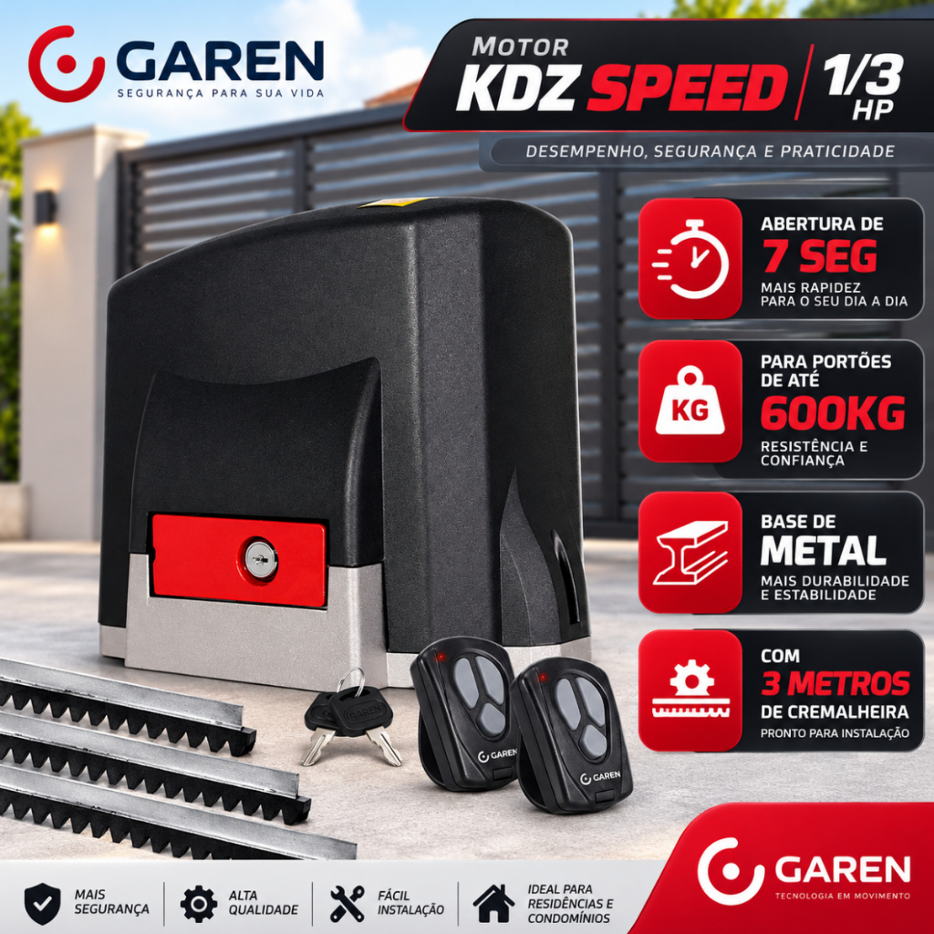 Kit Motor Portão Deslizante Garen KDZ Speed 1/3HP 600kg 7s 220V 2 Controles 3m Cremalheira