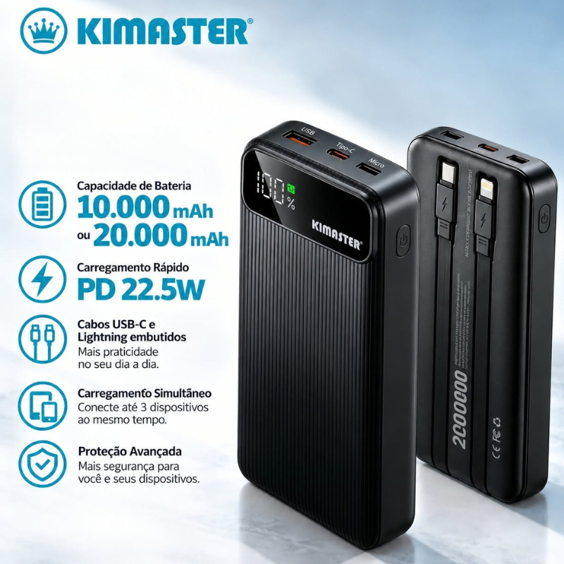 Carregador Portátil Power Bank Kimaster 10000mah Ou 20000mah Carregamento Com Fio Embutido Entrada Tipo C