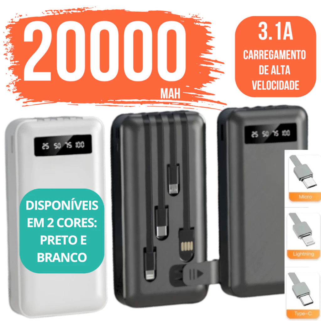 Carregador Power Bank Portátil de celular 10000/20000mah Universal Saida 4 Cabos