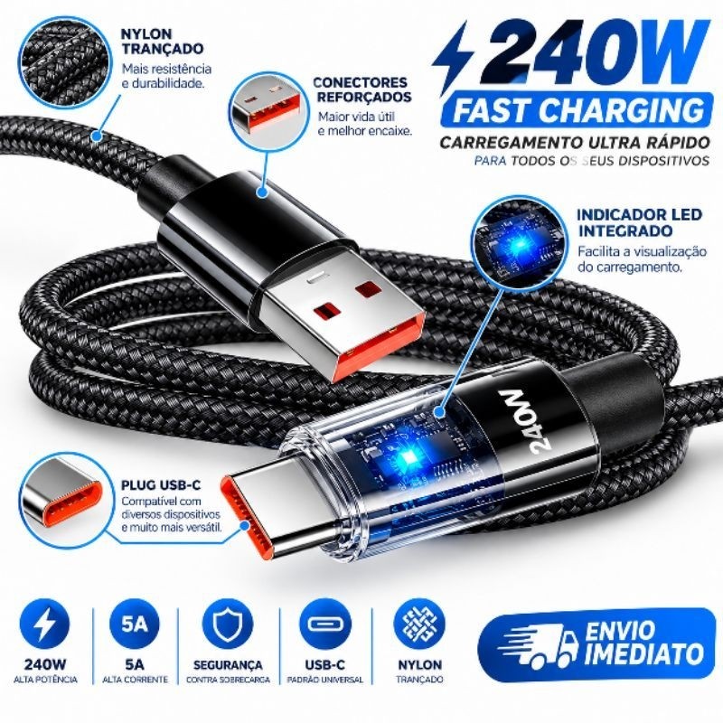Cabo USB-C para USB-C 240W 5A 2m Nylon Trançado Fast Charge com LED