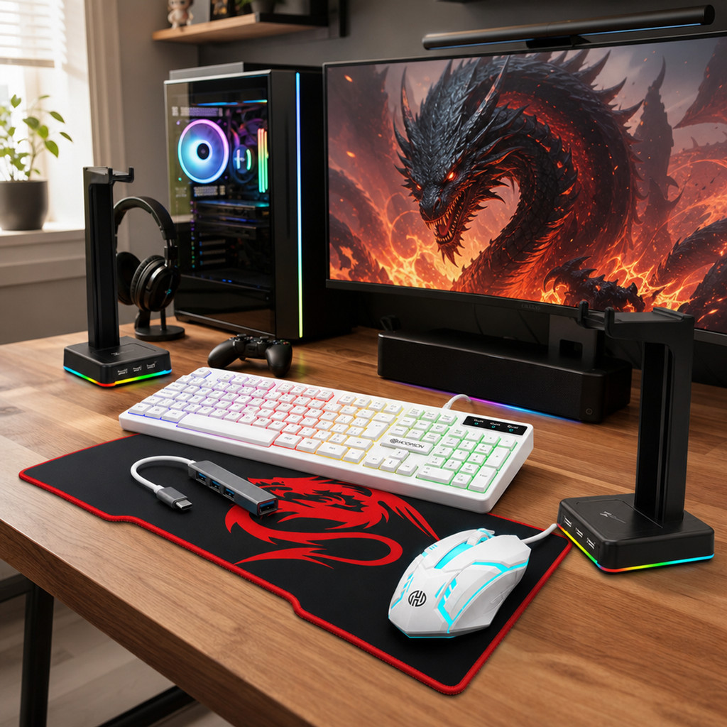 Kit Gamer com Mouse Pad Dragon Hub Usb 3.0 Suporte Headset RGB Teclado e Mouse Branco Completo