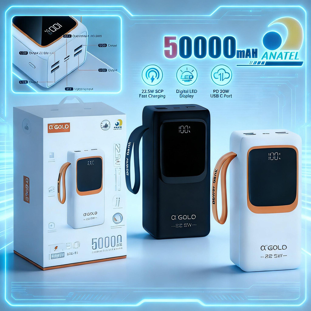 Power Bank Agold 50000mAh BTE-61 – Lanterna de Emergência, 2 Portas USB e Carregamento PD Rápido