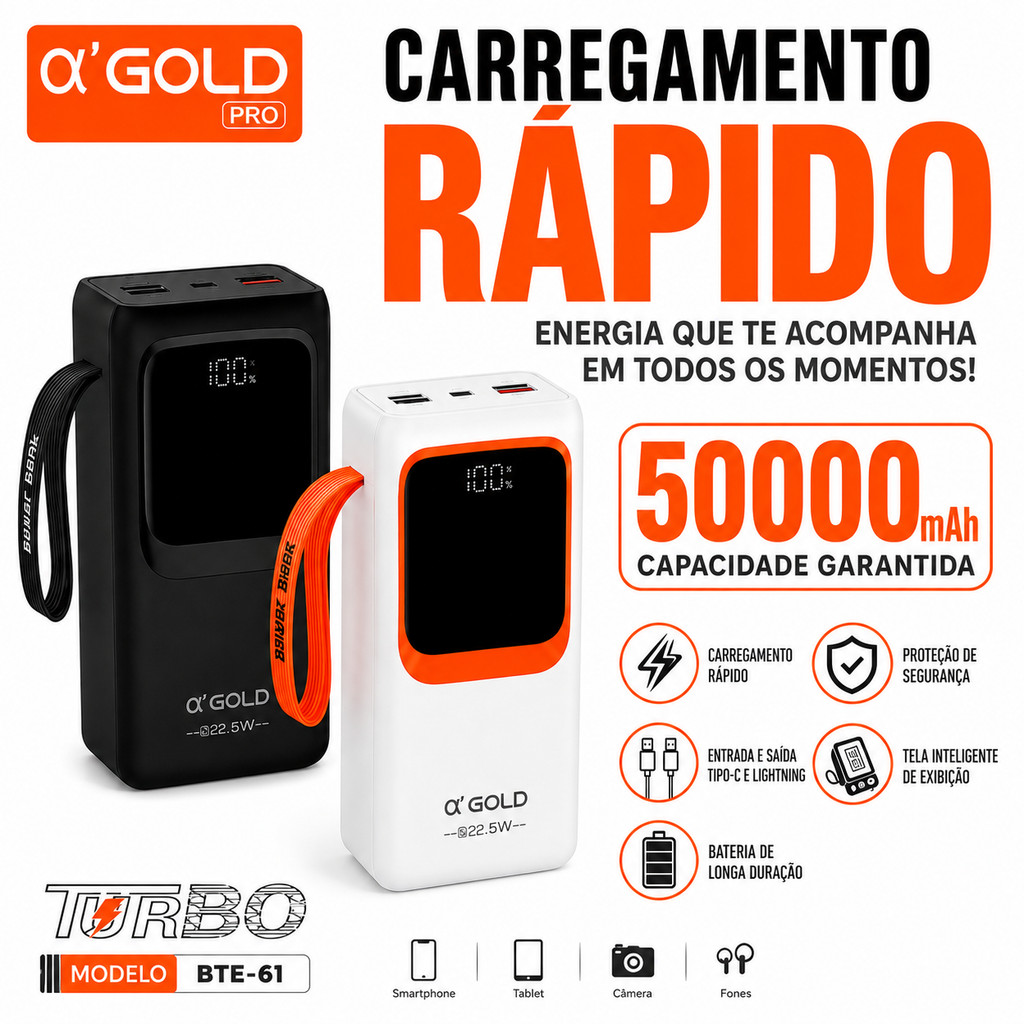 Power Bank 50000mAh A'GOLD BTE-61 22.5W Turbo | Carregamento Rápido PD + QC | Display Digital | Com Cabos Integrados