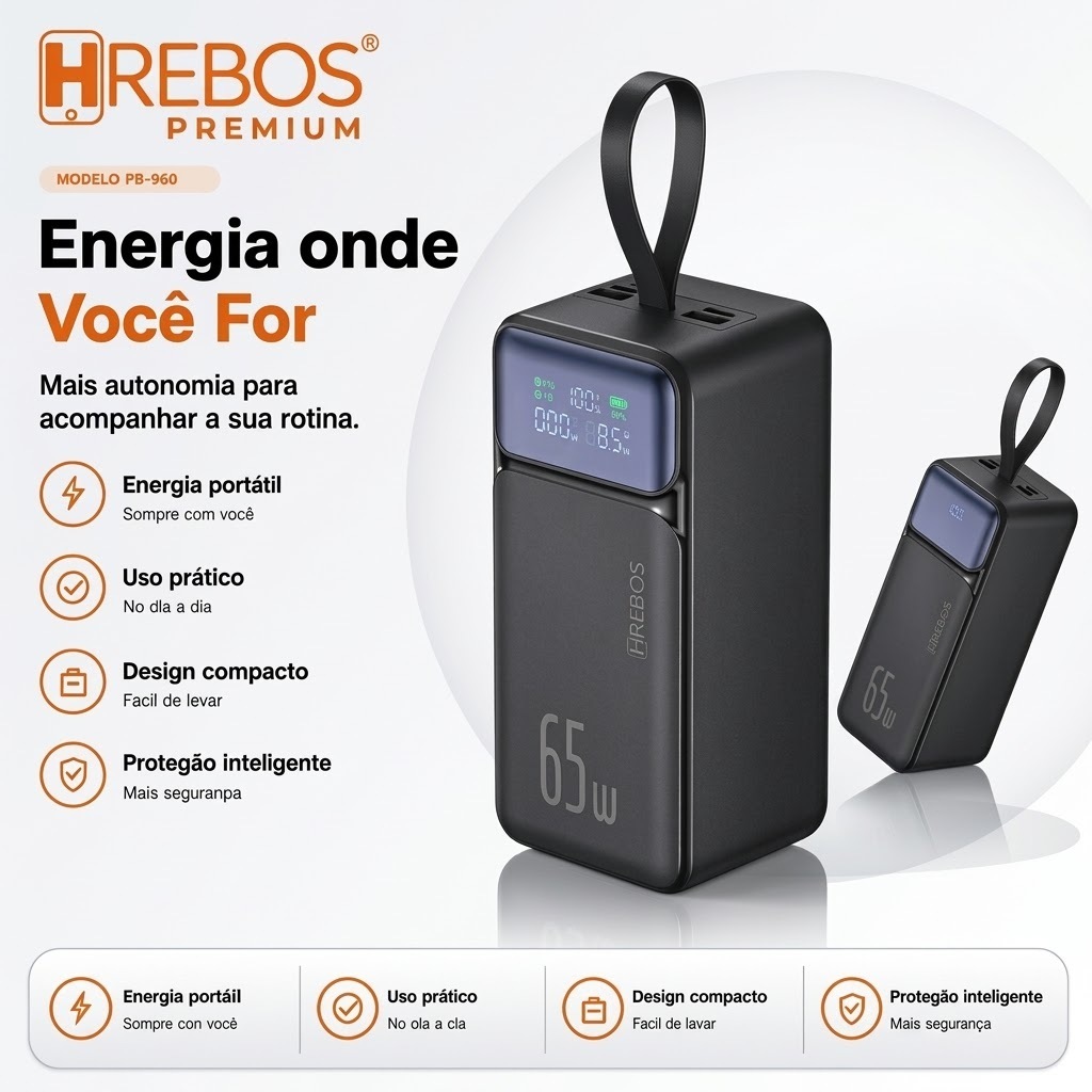 HREBOS Power Bank 50000mAh - 65W Carga Super Rápida, 2x USB-A + 1x USB-C, Display LED, Longa duração da bateria