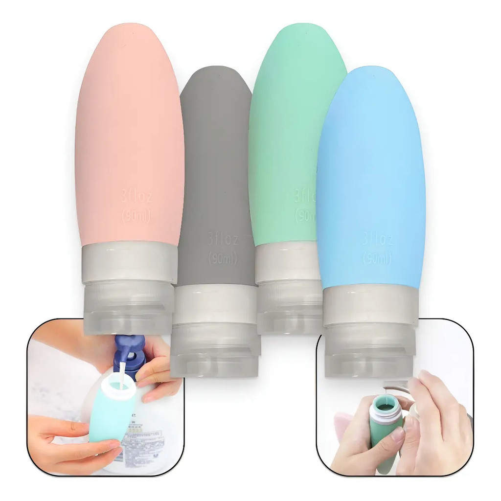 Kit 3 Frascos Silicone 90ml Viagem Shampoo Condicionador Creme Hidratante Reutilizável com Necessaire