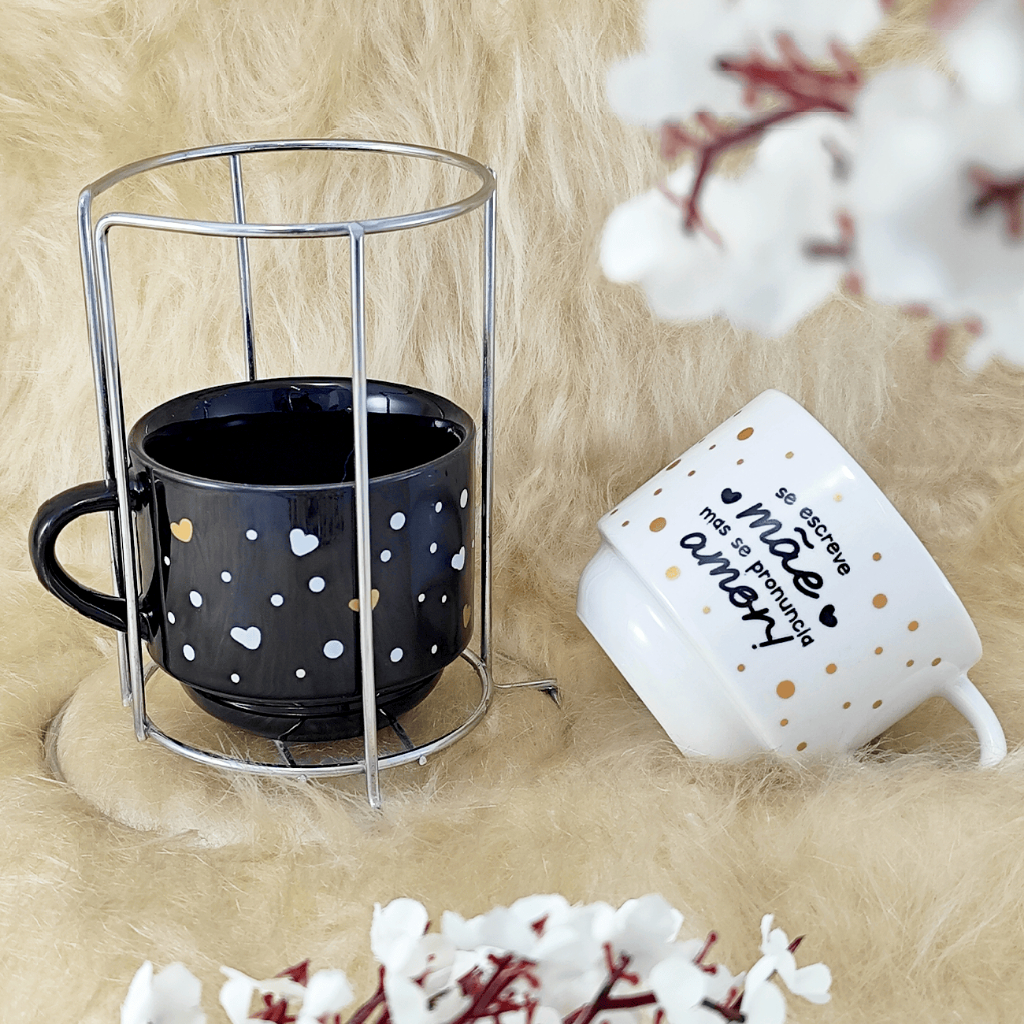 Kit 2 Xícaras Empilhável 210ml em Porcelana com suporte café chá Mãe Frases Coração Preto/Branco