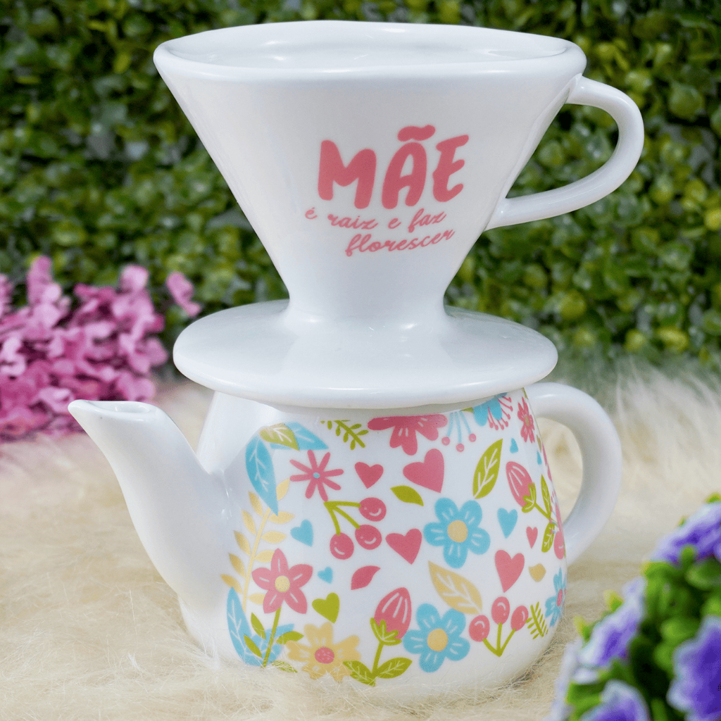 Kit Bule De 500 ml Branco  + Coador Filtro de Porcelana  Mãe é Raiz Floral Café Mesa Posta
