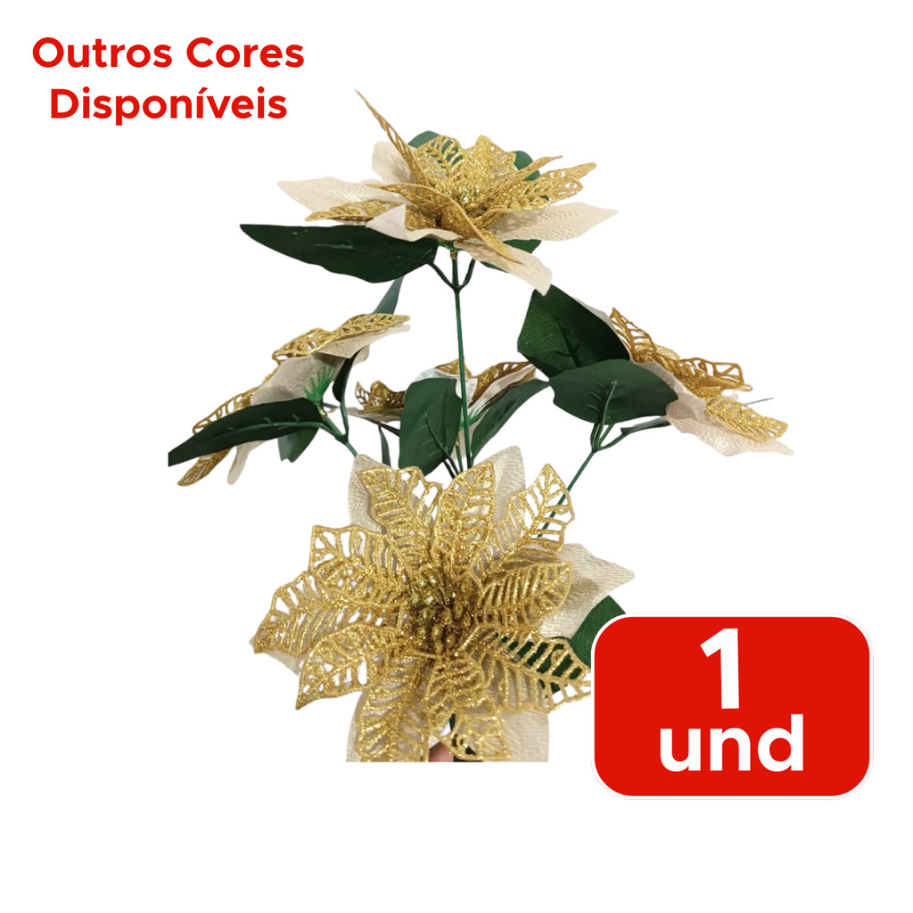 Flores De Natal Buquê Com 5 Flores Com Brlho Glitter Para Decoração Grinalda Árvores Acessórios 29cm