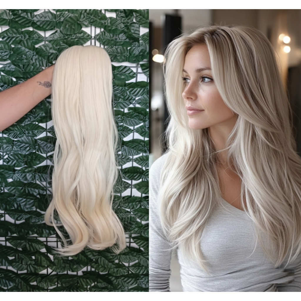 Aplique de Cabelo Europeu Semi Humano Natural Ondulado Loiro Claríssimo na Tela 60cm