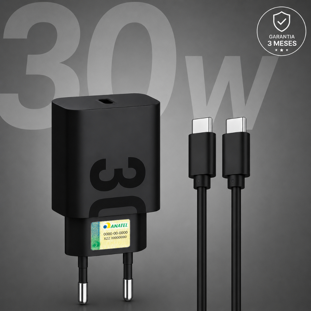Carregador TurboPower 30W Tipo C Compatível Motorola Quick Charge 3.0 Não Esquenta + Cabo Reforçado