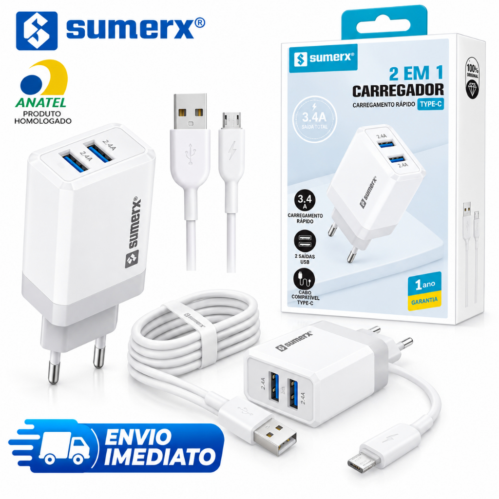 Carregador Turbo 27W Quick Charge 3.0 Tipo C e Micro USB V8 com Cabo 1M