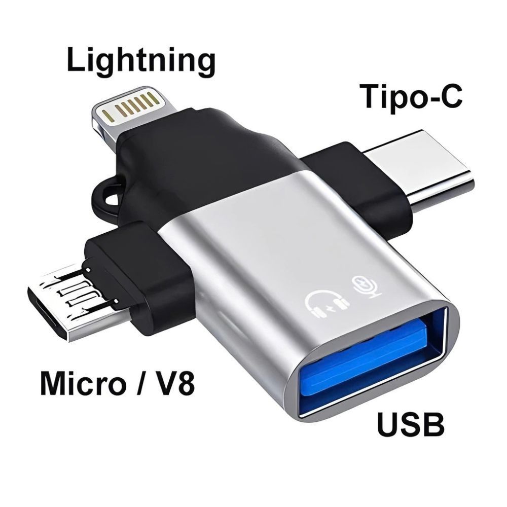 Adaptador OTG 3 em 1 Tipo C Lightning V8 Micro USB Pendrive Mouse Teclado Celular iPhone Android USB 3.0