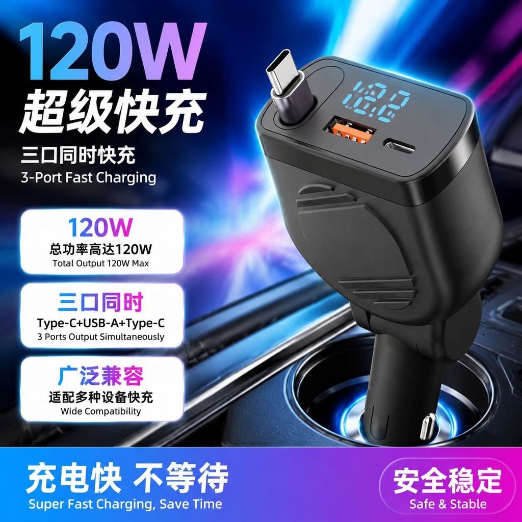 Carregador de carro retrátil Super Fast Source Core, cabo e carregador 4 em 1 para isqueiro, 120W, 3DMW