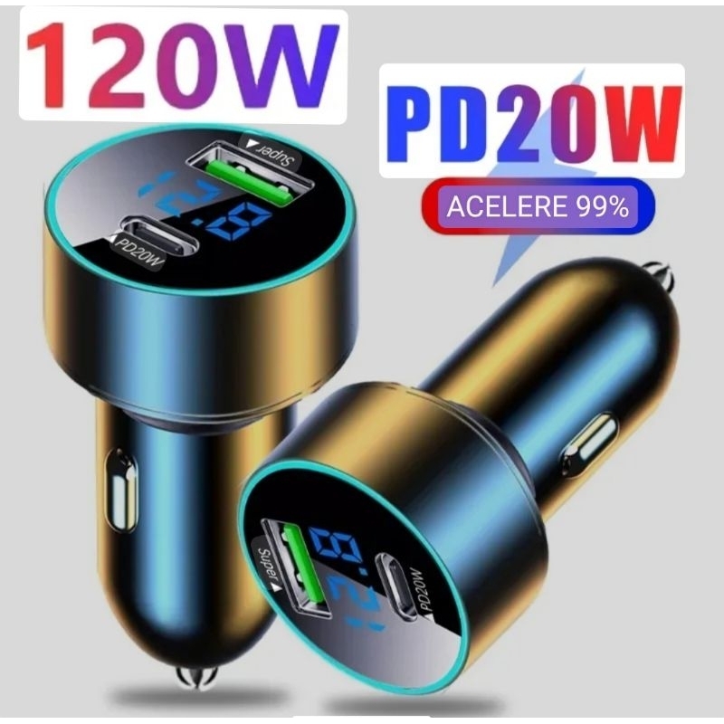 Dual port car. adaptador de carregadomento rápido tipo C para carro de 120w pd 20w