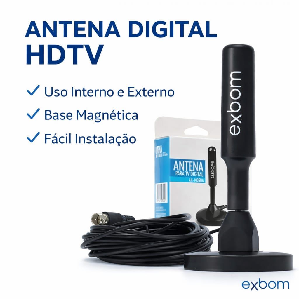 Antena Digital Exbom HDTV Interna e Externa com Base Magnética Cabo Longo