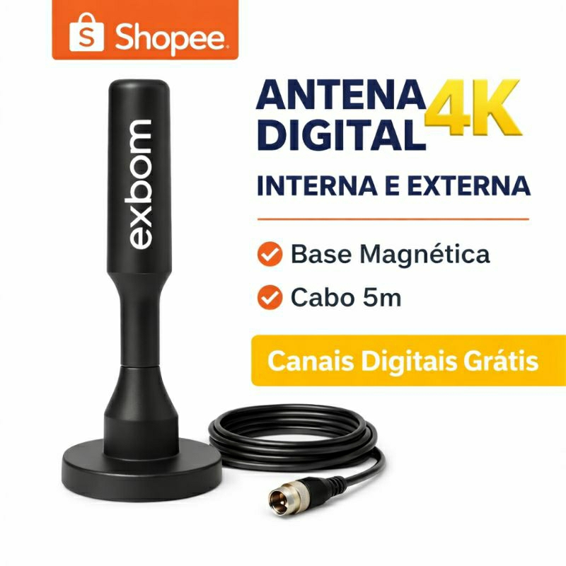 Antena Digital TV 4K HDTV Exbom Interna Externa Cabo 1,5m 3m 5m Sinal Forte