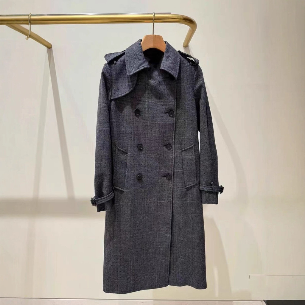 EM85 New autumn/winter double-breasted blazer with diamond-studded shoulder epaulettes, plaid pattern, and a mid-length