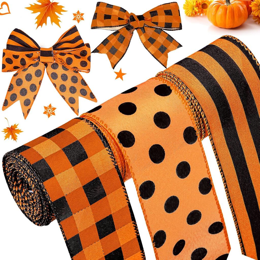 3 Rolls Wired Ribbon Orange 2.5 Inch x 15 Yards Easter Orange and Black Buffalo Plaid Ribbon Gingham Ribbon Dot Pattern
