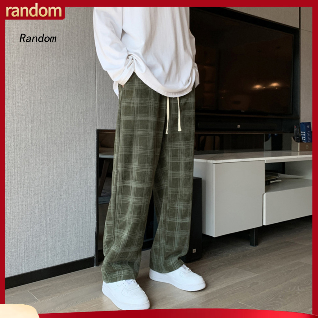 Cotton Blend Sweatpants Plaid Pattern Pants Men's Casual Elastic Waist Drawstring Wide Leg Loose Fit Soft Breathable Spo
