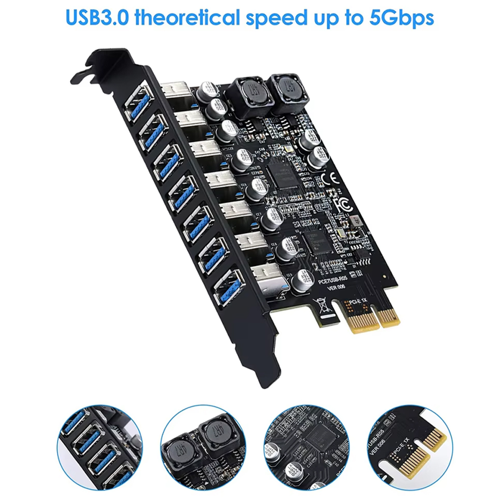 Multiplicador USB 3.0 Gen1 5Gbps PCI-E para 7 portas Hub USB 3 Adaptador de expansão de captura cartão PCIe x1 cabo