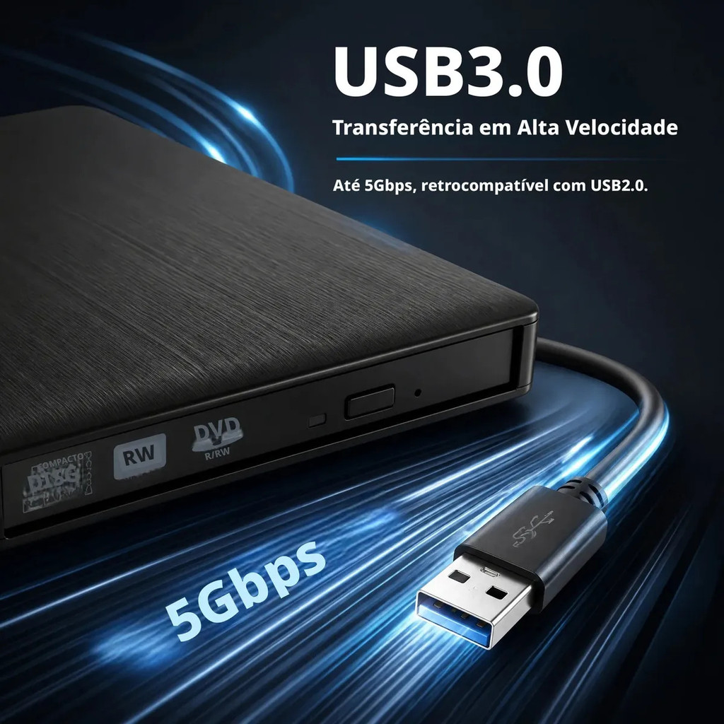 Gravador e Leitor CD/DVD Externo Knup KP-LE303 Slim USB 3.0 + Tipo-C 5Gbps para PC Ultrabook