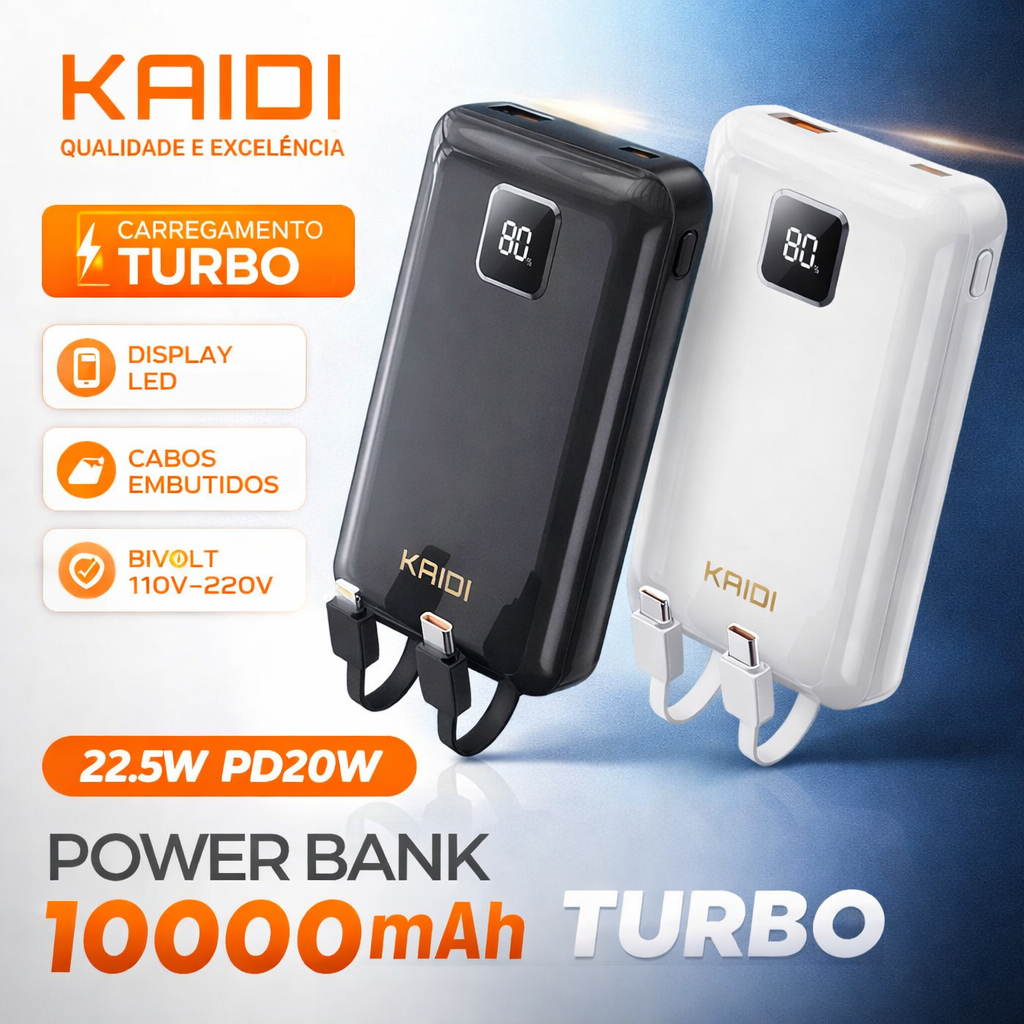 Power Bank 10000mAh Kaidi Turbo 22.5W + PD20W com Cabos Embutidos USB-C e Lightning Display LED Carregador Portátil