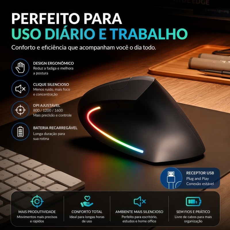 Mouse Vertical Ergonômico 2.4GHz Mouse Óptico Sem Fio 3 Ajustável Wireless